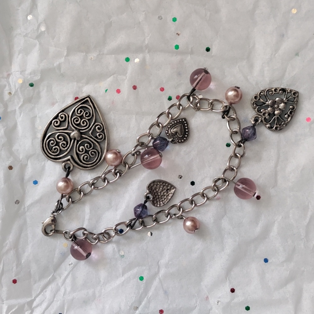 Silver and Pink Beaded Charm Bracelet